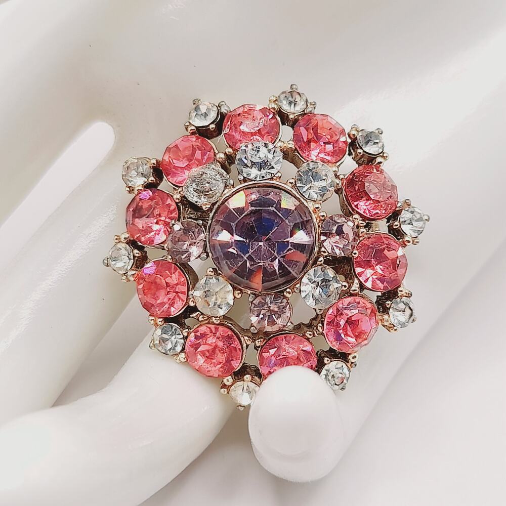 Vintage Pink Lavender Clear Rhinestone Brooch Gold Tone Round Floral 1.5”